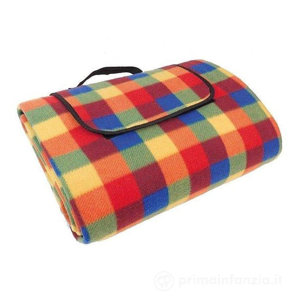 Happy People picnic blanket 175×135 cm features a colorful checkered pattern with a solid dark trim, made of knit fabric.