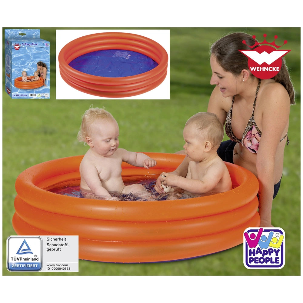 Happy People kids' pool with three rings, featuring plastic liner, wall, floor, steps, ladder, cover, and toys, shown with wo