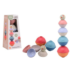 Happy World stacking balls toy features pink, blue, and orange soft plastic balls arranged in several stacks.