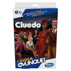 Cluedo Travel board game packaging features illustrated characters, glossy cardboard, and text, set against a blue and white 