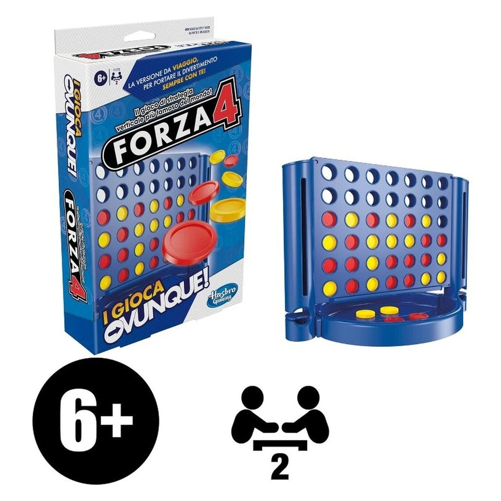 HASBRO Forza 4 Travel board game packaging features a blue cardboard design with a clear window and colorful plastic buttons.