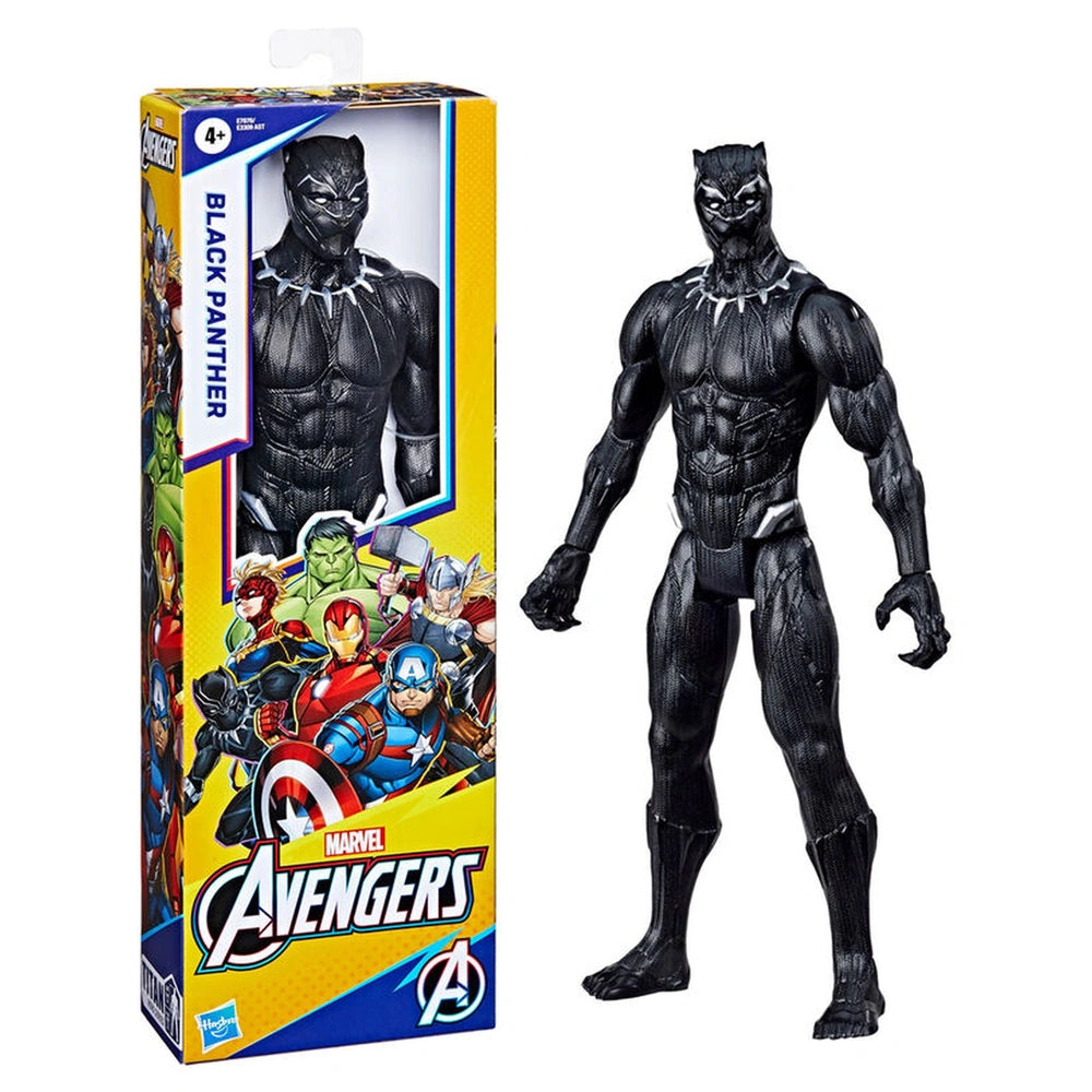 Black Panther deluxe action figure in retail packaging with yellow background, Avengers logo, and colorful characters.