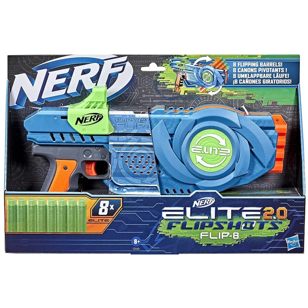 Nerf Elite 2.0 Flipshots Flip-8 Blaster in vibrant orange, green, and gray displayed in blue cardboard packaging with plastic