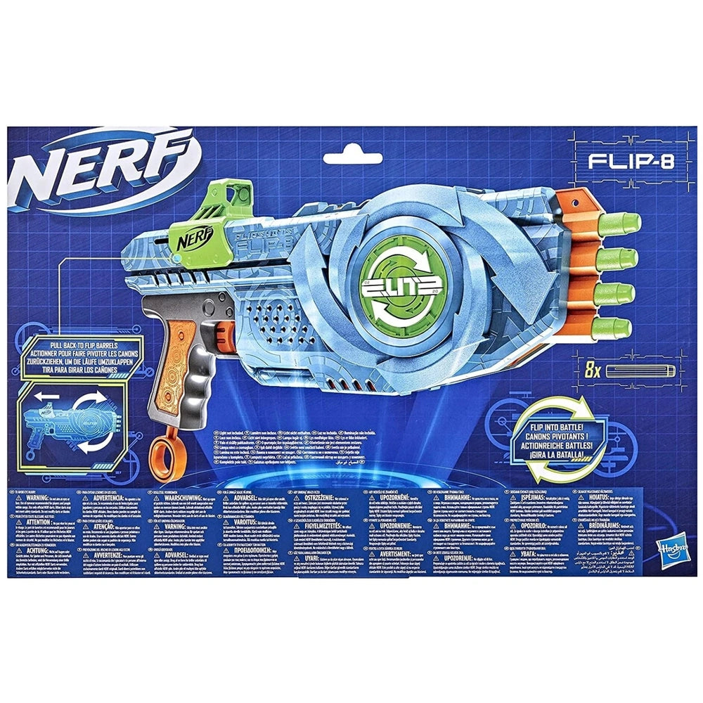 Nerf Elite 2.0 Flipshots Flip-8 Blaster in blue and green packaging with a transparent window and white text.
