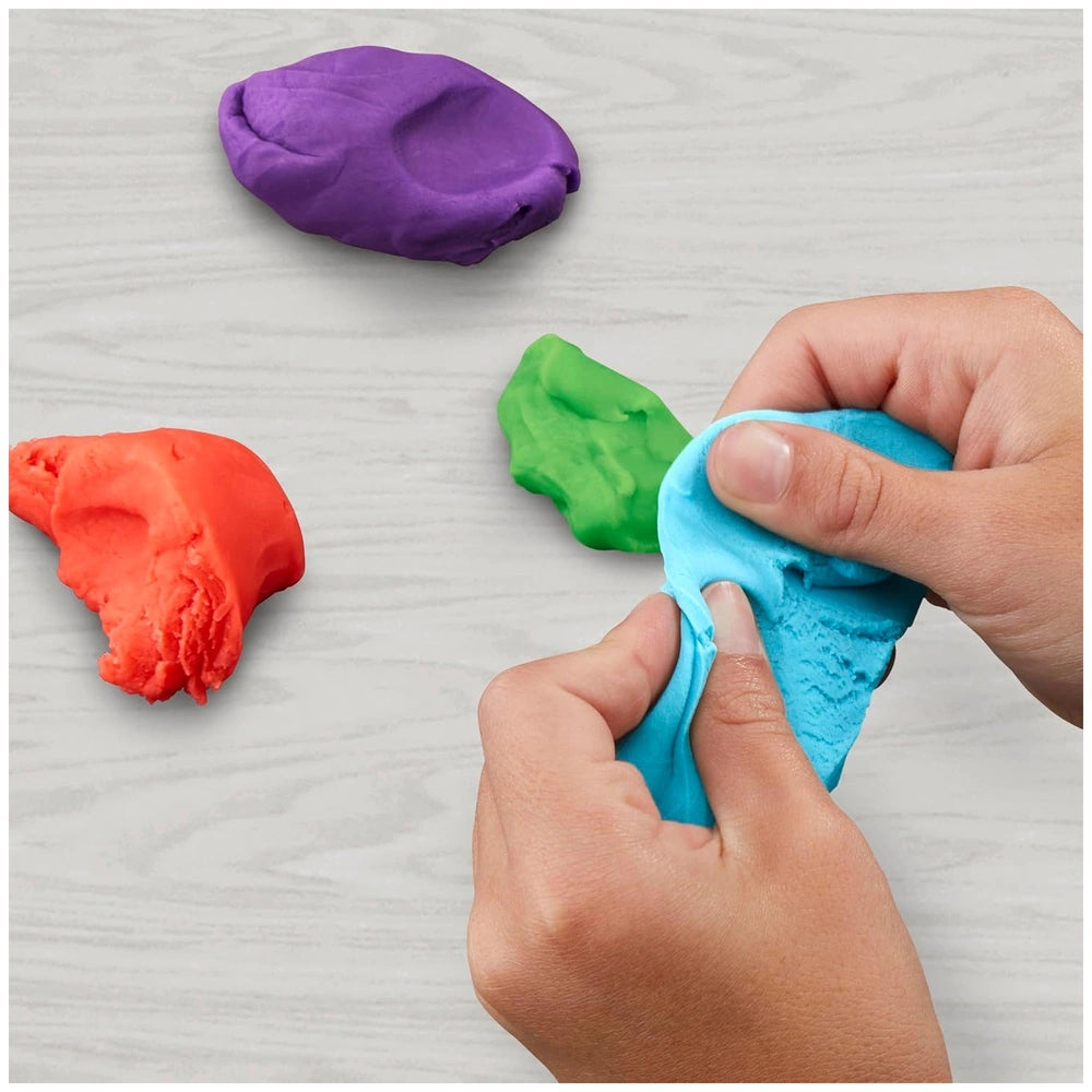 Play-Doh 15 Cans Party Bag featuring colorful clay-like objects with a hand holding a blue one against a vibrant background.