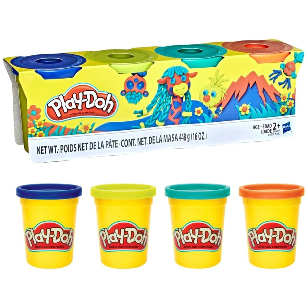 Play-Doh 4 Cans Pack features yellow, blue, green, and orange containers with red logos and age information on yellow packagi