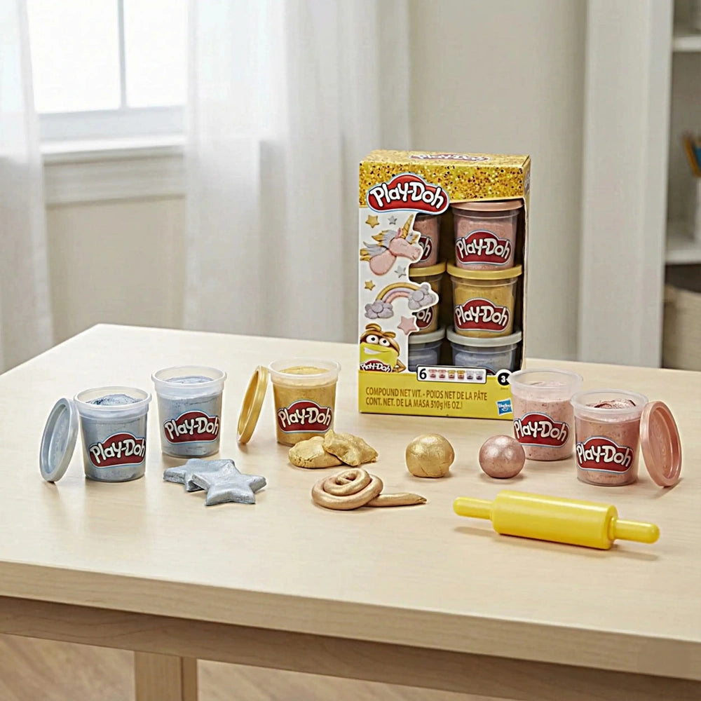 Hasbro Play Doh Metallics Compound Collection featuring multiple plastic containers with lids arranged centrally.