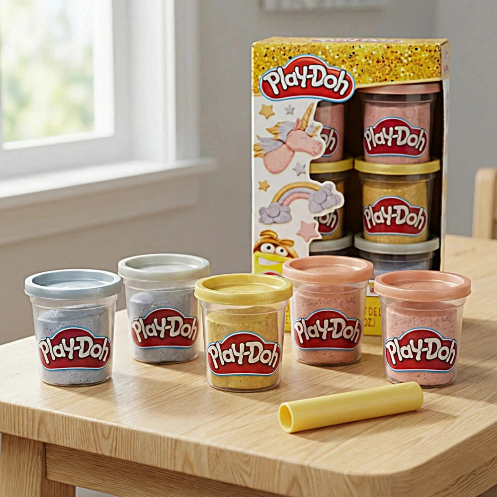 the word "Play-Doh" and the color "Blue" on a blue label, all displayed on a glossy white cardboard packaging.