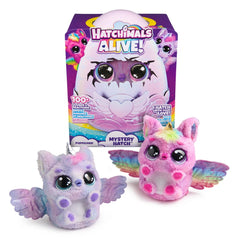 Hatchimals Alive Mystery Hatch Pufficorn is a plush toy with big eyes, wings, and colorful packaging featuring interactive el