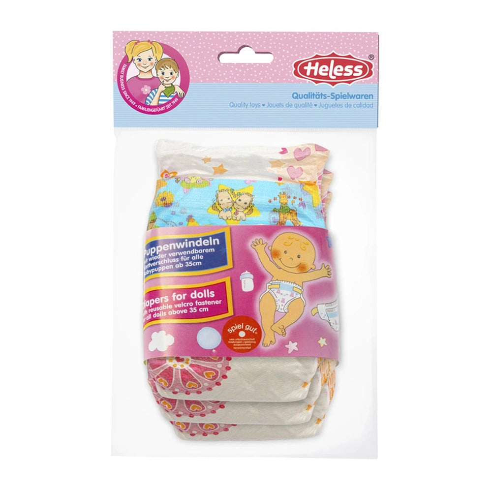 Heless reusable doll diapers set in pink packaging with a glossy window, featuring a baby cartoon and German text.