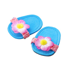 Heless slippers in blue, pink, and white fabrics, featuring two pairs of flip-flops for dolls, sized 28-35 cm.