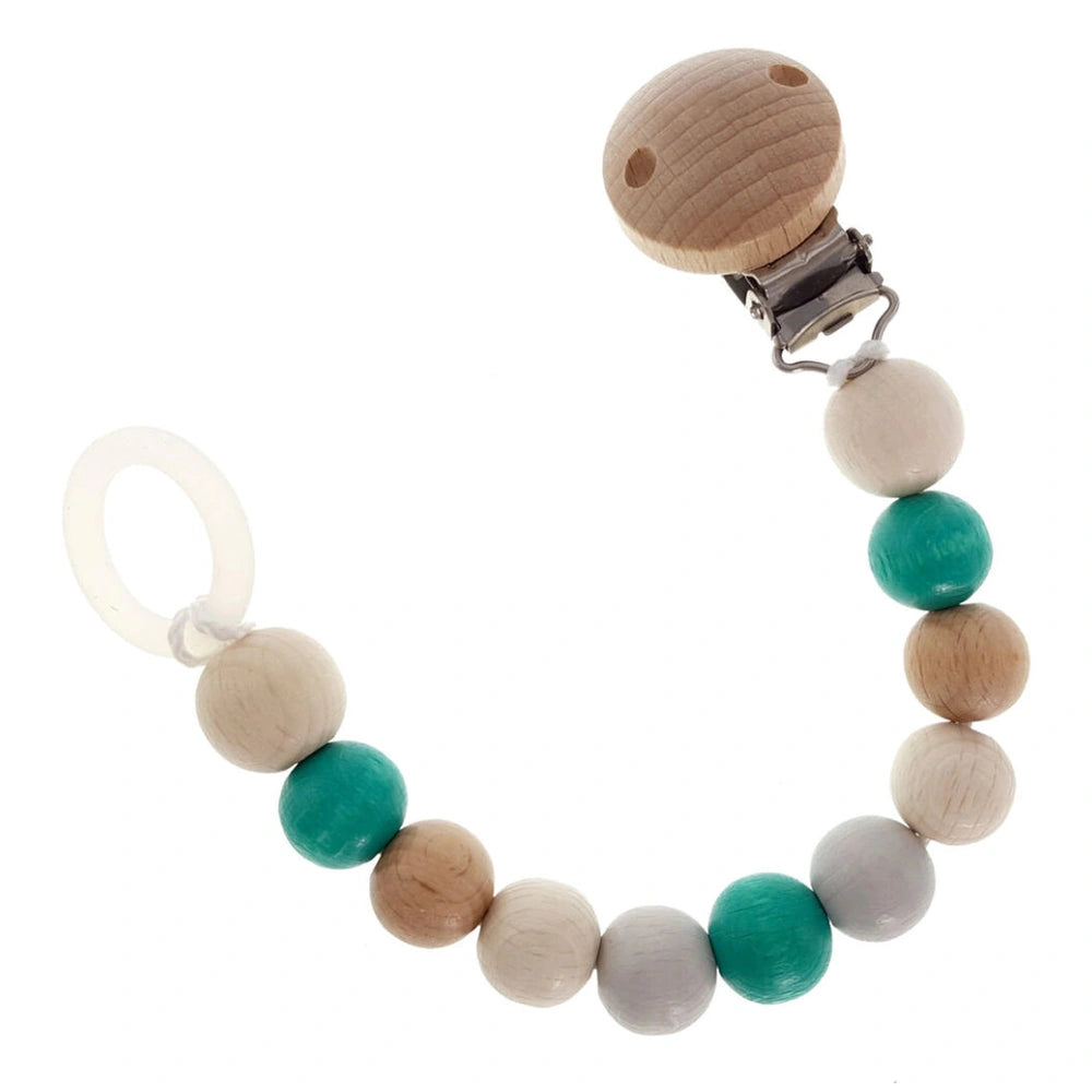 Hess natural turquoise pacifier chain featuring wooden and clear plastic beads with a metal clasp, centered in the image.