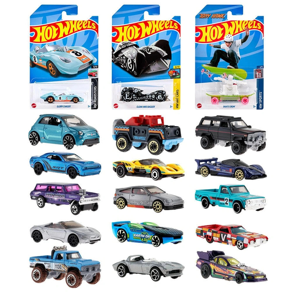 Hot Wheels 1:64 die-cast vehicles in glossy cardboard packaging with vibrant colors and transparent plastic window.