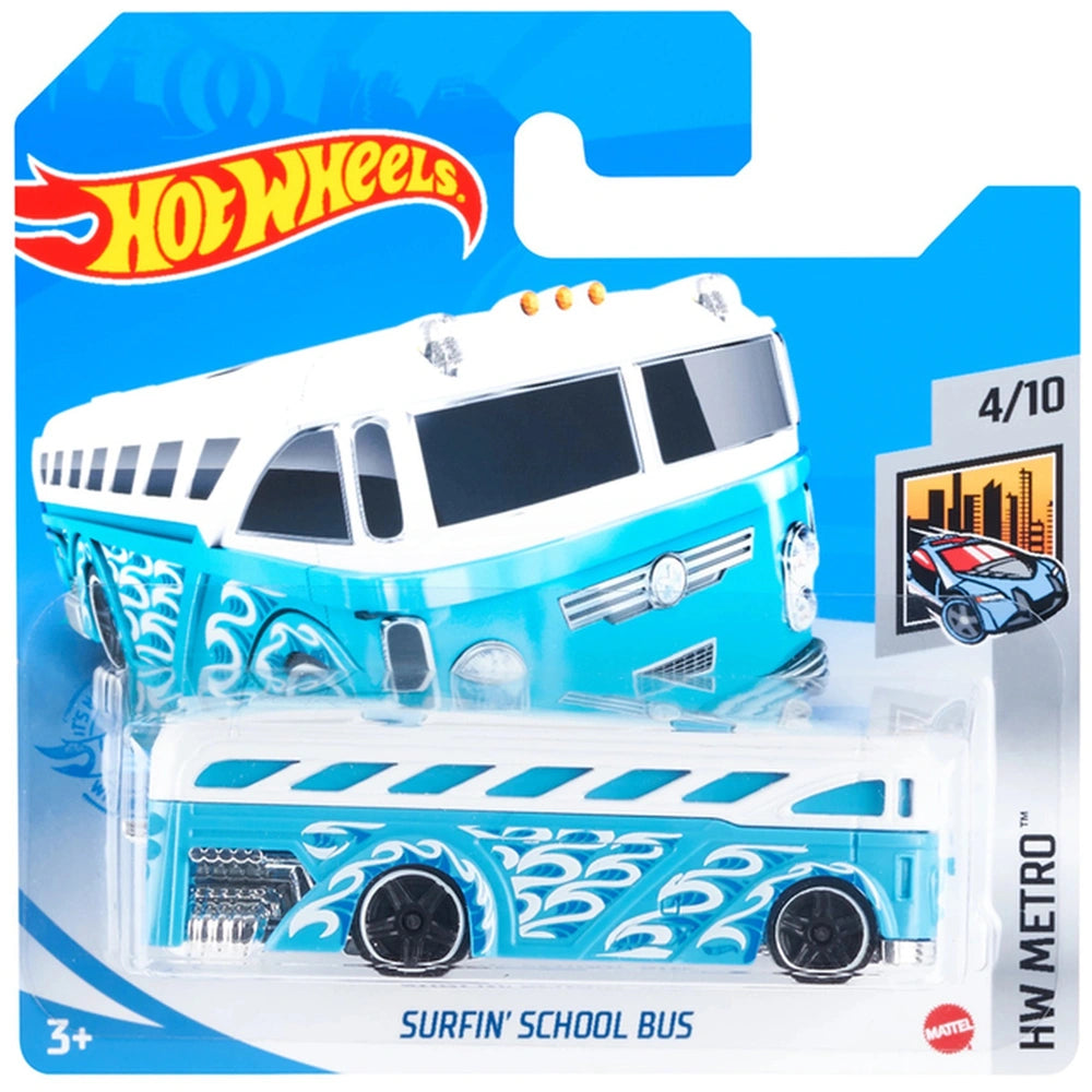 Hot Wheels HW Racing Track Single Vehicle Pack features a blue and white toy bus in glossy packaging with a transparent windo