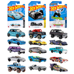Hot Wheels 1:64 die-cast vehicles in glossy cardboard packaging with vibrant colors and transparent plastic window.