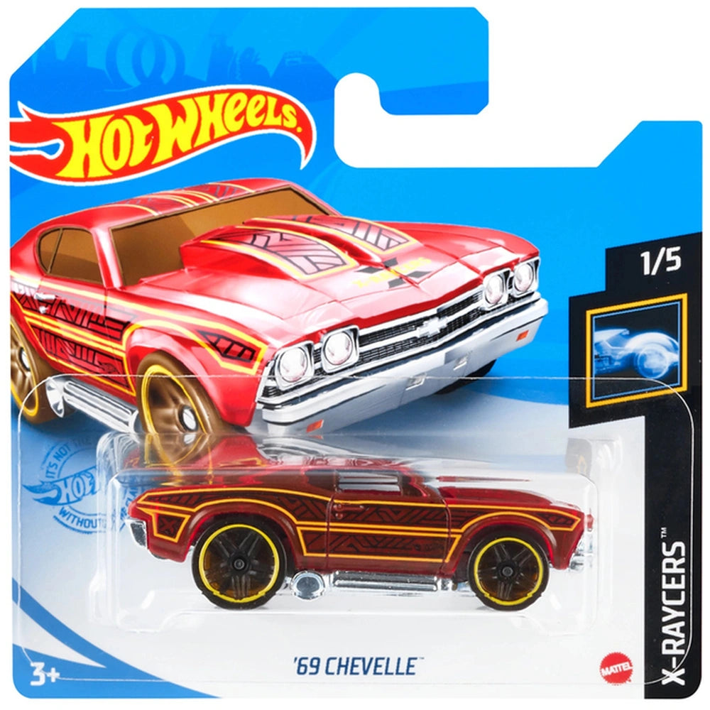 Hot Wheels 1:64 die-cast vehicle pack featuring a red and yellow car on blue packaging with branding and details.