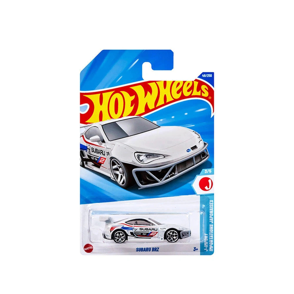 Hot Wheels Subaru BRZ die-cast sports car in white, displayed in new cartoon-style racing-themed packaging.
