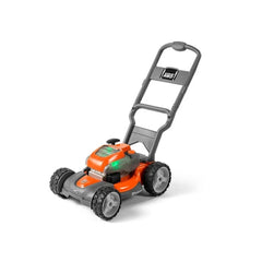 Husqvarna toy lawn mower in orange and black with green engine, featuring a clear plastic window and black wheels.