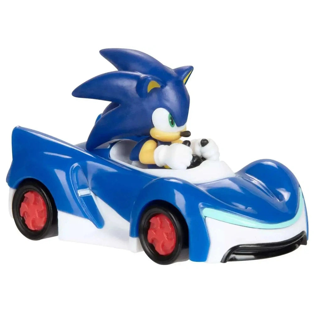 Sonic The Hedgehog die-cast vehicle features a blue roof, white body, red wheels, and Sonic character atop, made of shiny pla