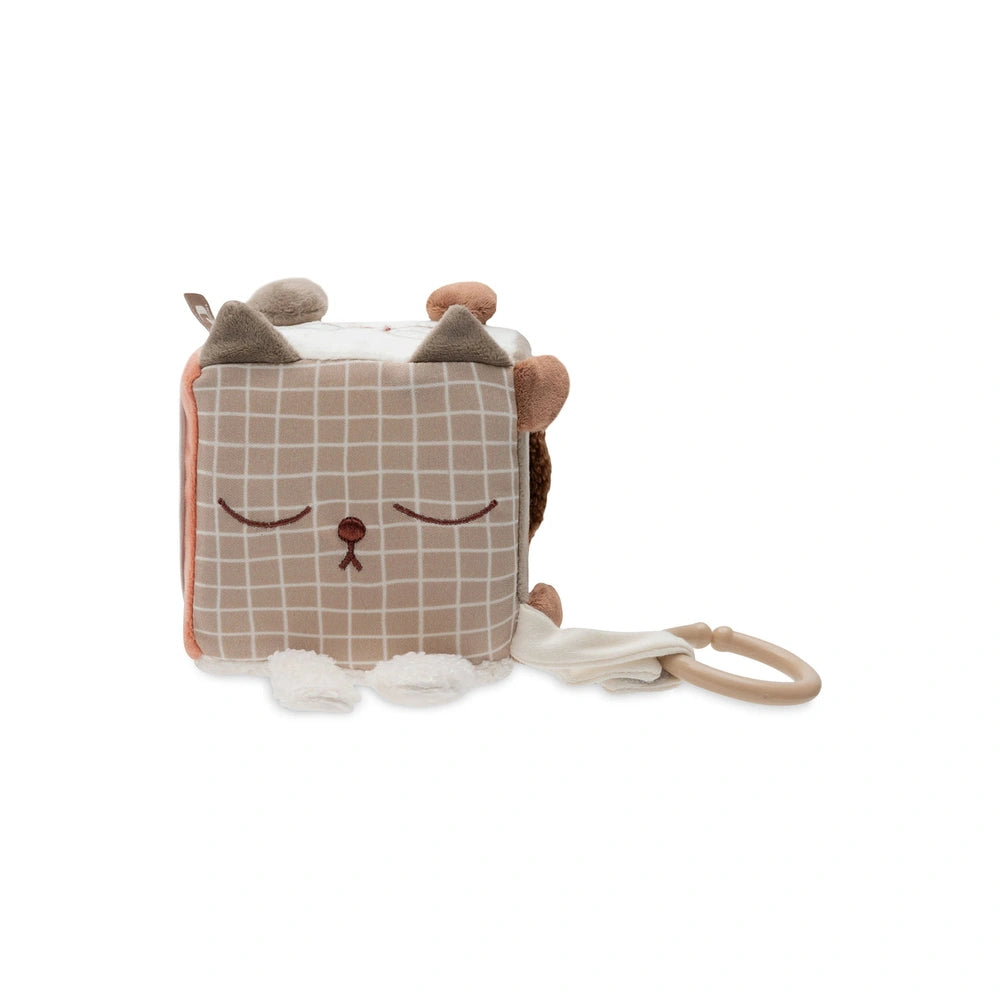 Jollein Activity Cube features a plush, brown fabric with white and gray grid patterns, designed for baby play and exploratio