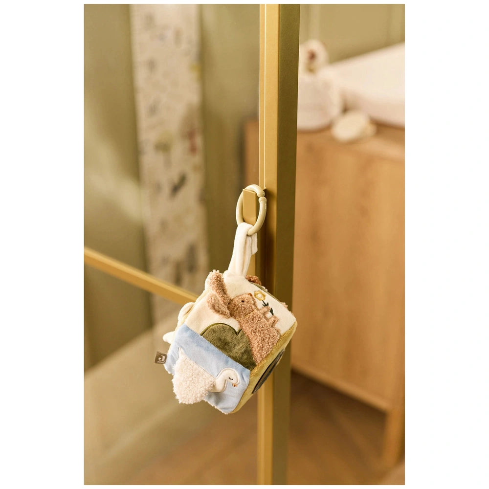Jollein Activity Cube Tiny Park features a wooden door with a white handle, keyhole, lock, and colorful tags depicting birds.