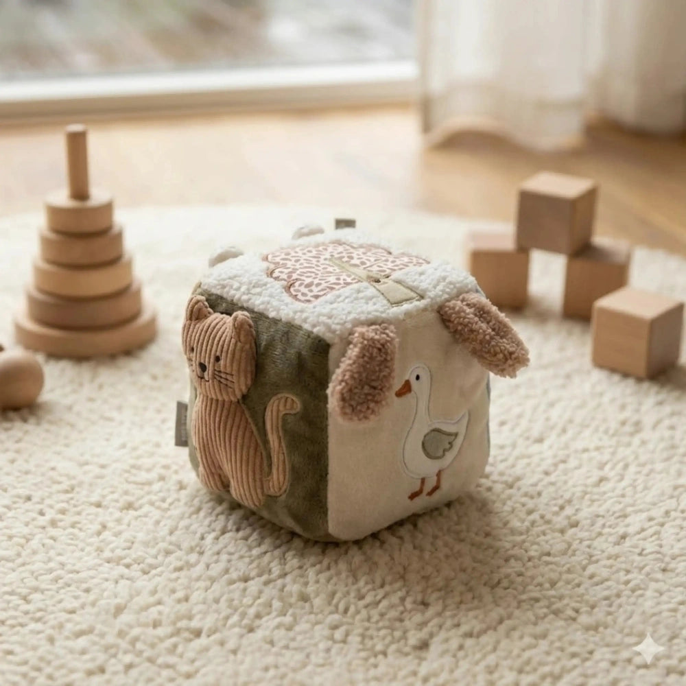 Jollein Activity Cube Tiny Park features wooden blocks on a light carpet, showcasing a playful cat design.
