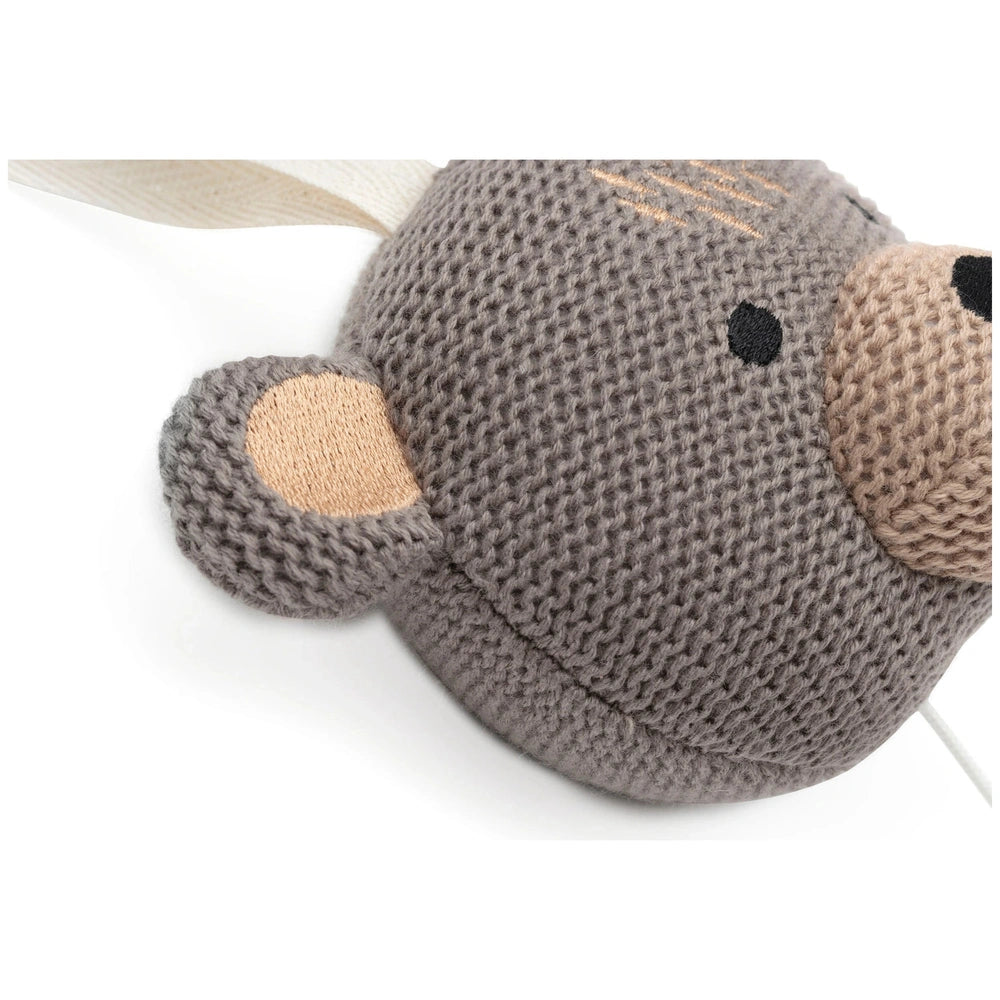 Jollein Musical Hanger Animals in soft gray knitted fabric with black reflective eyes, ears, nose, mouth, and tail.