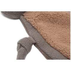 Jollein pacifier cloth bear made of soft beige and gray knit fabric with a fuzzy texture, folded to show inner detail.
