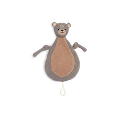 Jollein pacifier cloth bear in soft, muted brown with grayish-blue stripe and small white string around its neck.