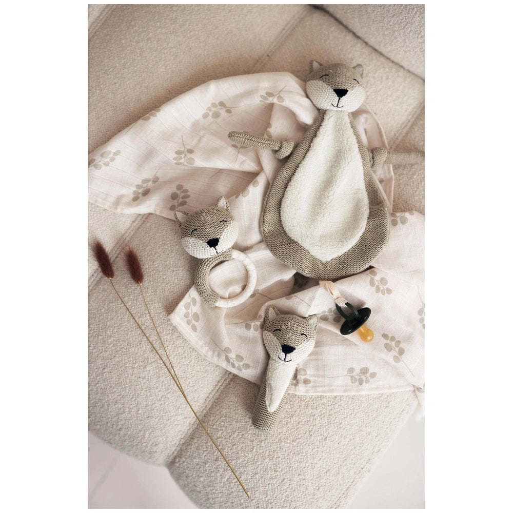 Jollein pacifier cloth fox features a soft knitted fabric with a white face, black nose, and brown paws, perfect for cuddling