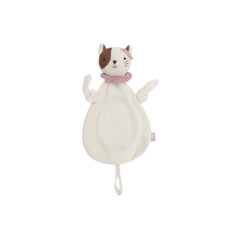 Jollein pacifier cloth features a plush cat with a brown and white face, pink collar, and bow, made of soft fabric.
