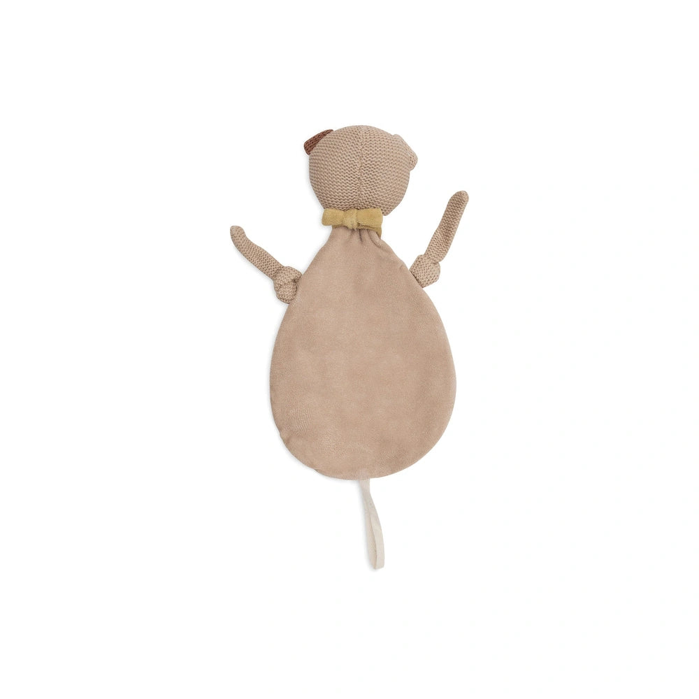 Stuffed animal pacifier cloth with yellow ribbon, featuring two arms, legs, ears, eyes, nose, mouth, and a tail.