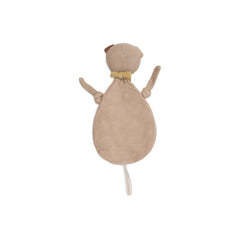 Stuffed animal pacifier cloth with yellow ribbon, featuring two arms, legs, ears, eyes, nose, mouth, and a tail.