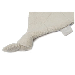 Jollein pacifier cloth in soft light beige fabric, featuring a textured cylindrical shape and an attached tag.