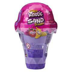 Kinetic Sand Ice Cream Cone Container features vibrant packaging with purple, pink, and yellow colors and visible scents.