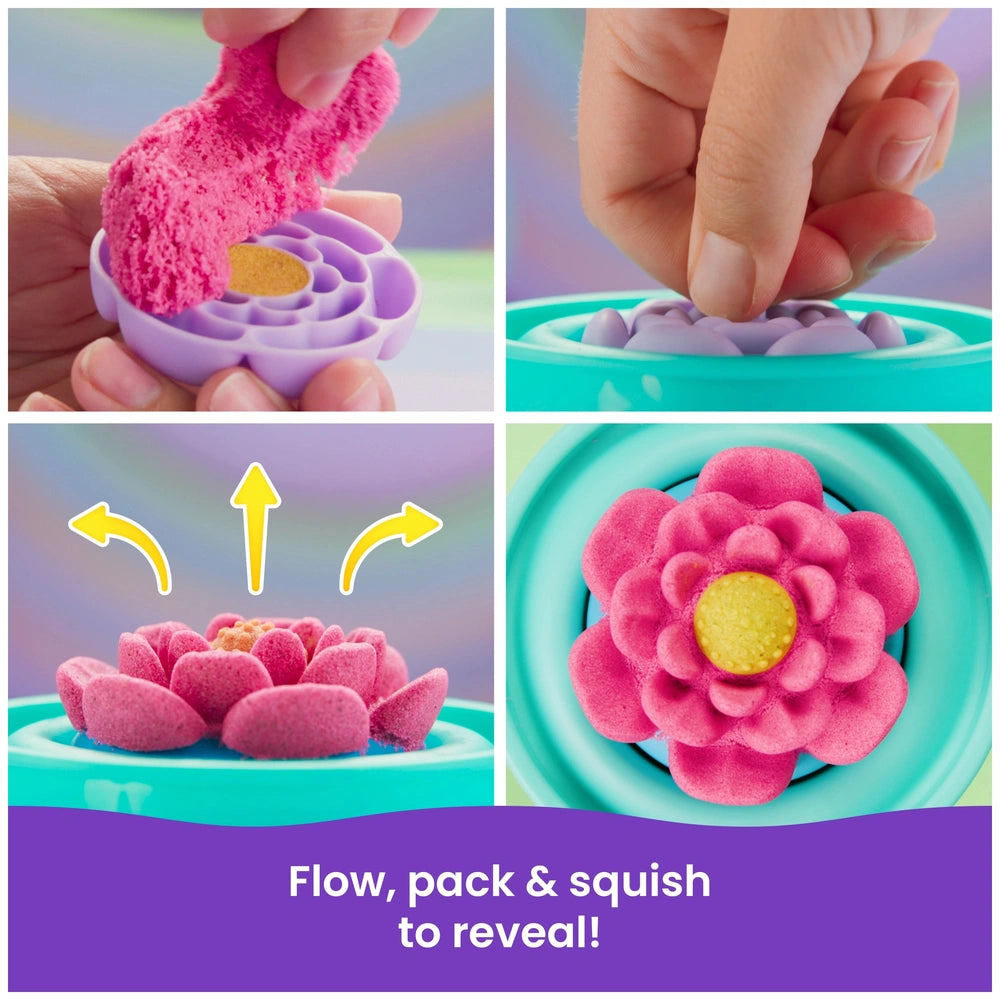 Kinetic Sand Squish Blossom features pink and yellow play dough balls on a blue tray inside a plastic container with a lid.