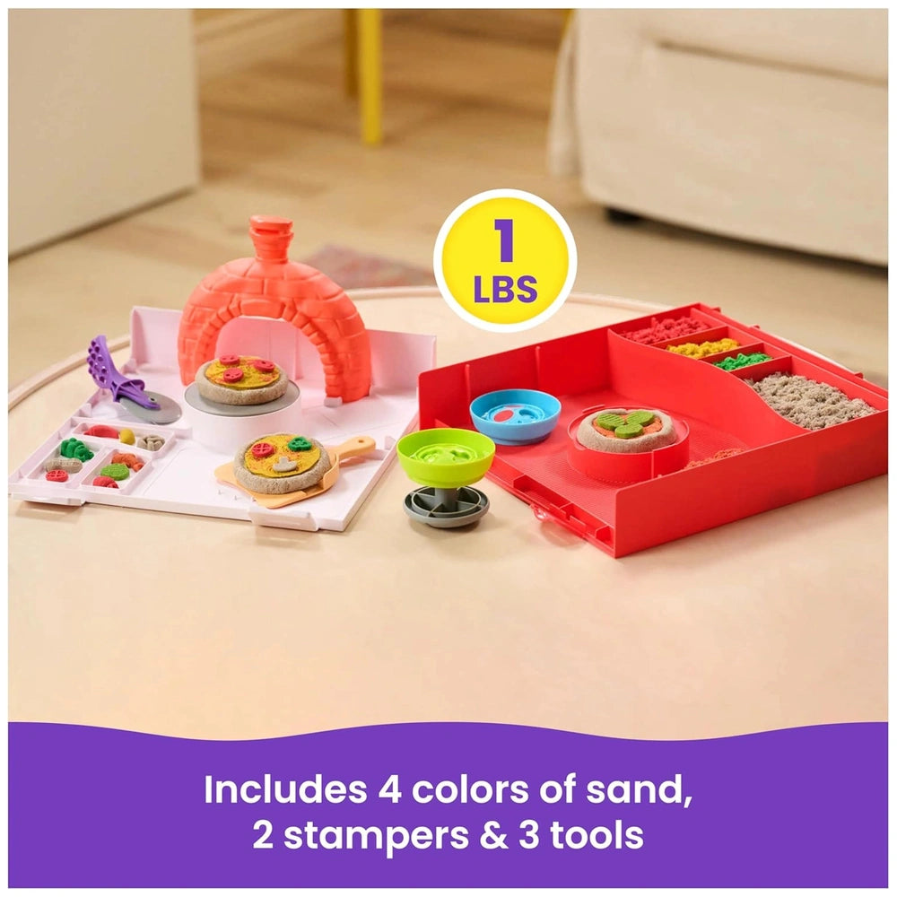Kinetic Sand Squish Pizza set features a play dough oven, pizza, and colorful accessories in a vibrant play area.