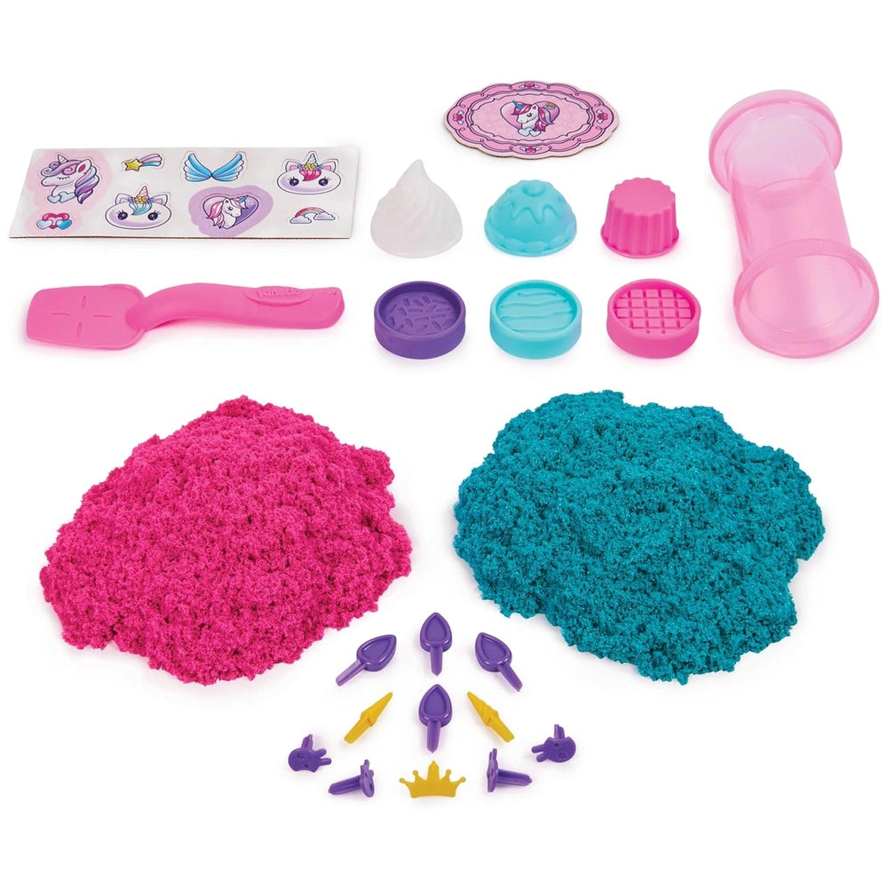 Kinetic Sand Unicorn Bake Shoppe set features vibrant plastic toys including shovels, sifters, and trays in playful colors.