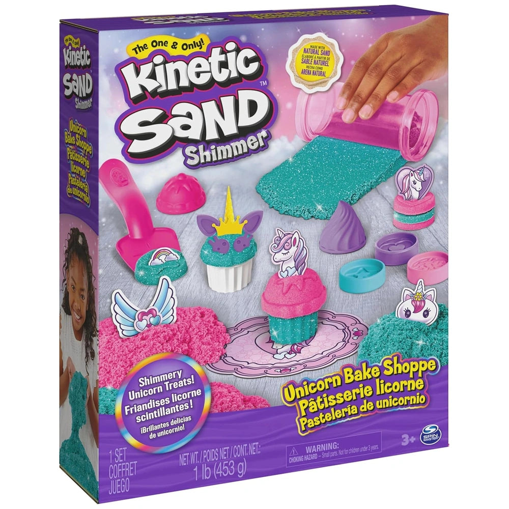 Kinetic Sand Unicorn Bake Shoppe packaging showcases colorful toy components, including a pink unicorn and cupcake, on a vibr