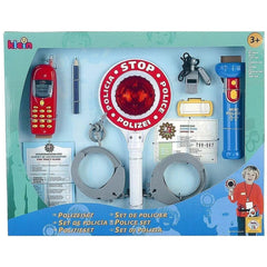 Klein Police Set 10 Pcs includes toy walkie-talkies, flashlights, phone, handcuff, and badges in glossy windowed packaging.