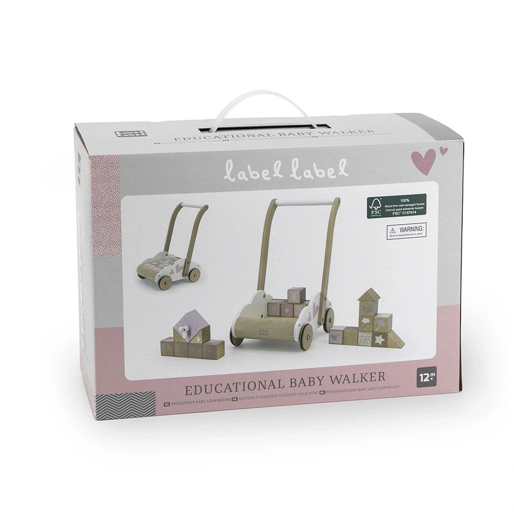 Educational Baby Walker in pink and white packaging features a toy with wheels, blocks, and a house-shaped block.