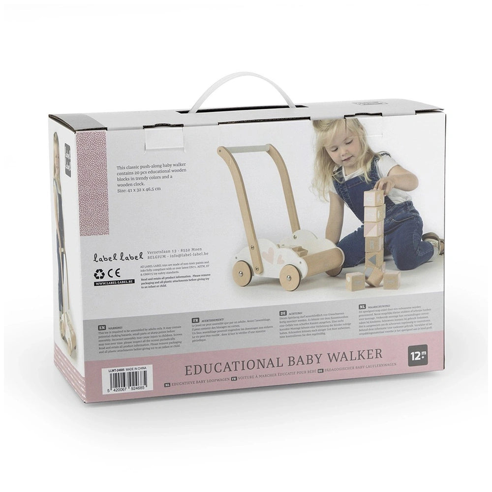 Educational Baby Walker in retail packaging with a transparent window showing a young child in blue overalls holding a toy.