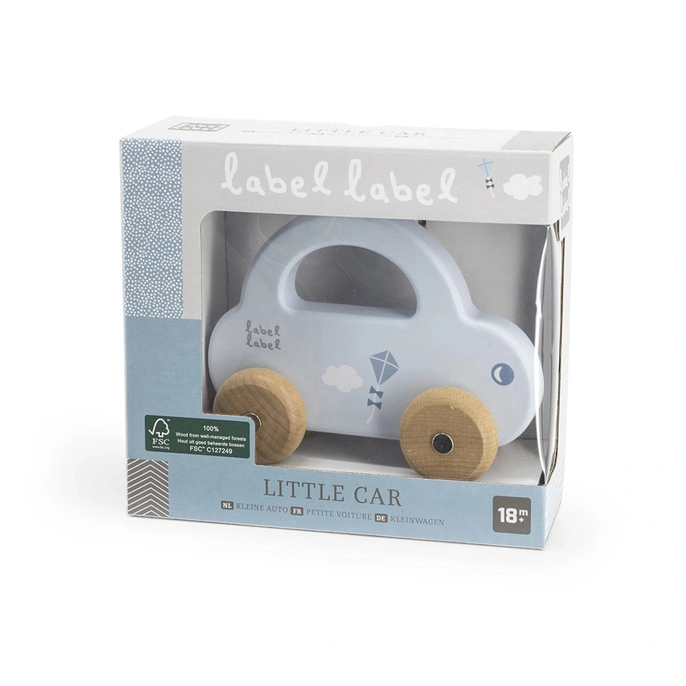 Little Car push and pull toy in a blue and white cardboard box with a transparent window and wooden wheels.