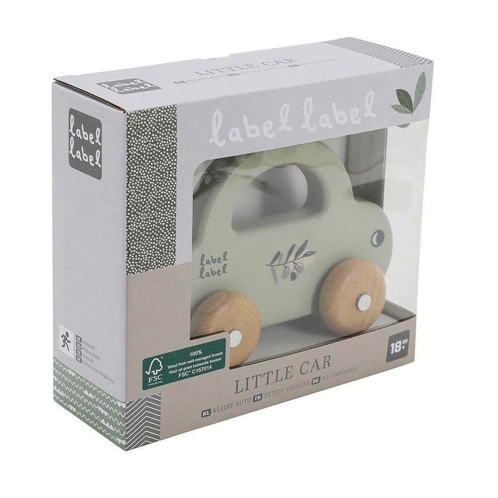 Label-Label Little Car push and pull toy in matte cardboard packaging with a glossy label featuring green text and a transpar