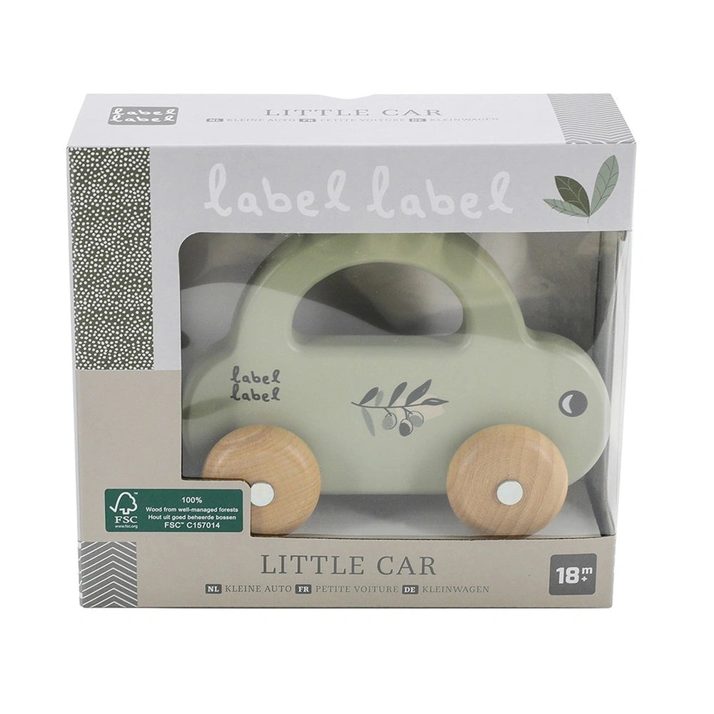 Label-Label Little Car push and pull toy in green with wooden wheels, displayed in matte cardboard packaging with glossy text
