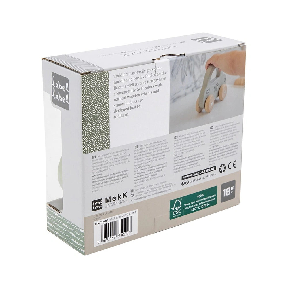 Label-Label Little Car push and pull toy in cardboard packaging with a white and green label featuring black text and graphic