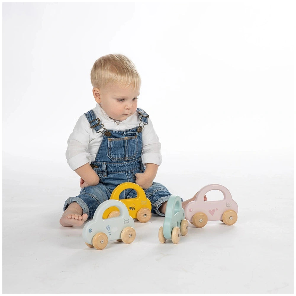 Little Car push and pull toy set with a child in blue overalls and white shirt, surrounded by colorful wooden toy cars.