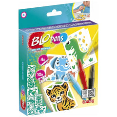 LANSAY Blopens Mini Animal Kit packaging features a glossy blue background with vibrant white and red text, showcasing arts a