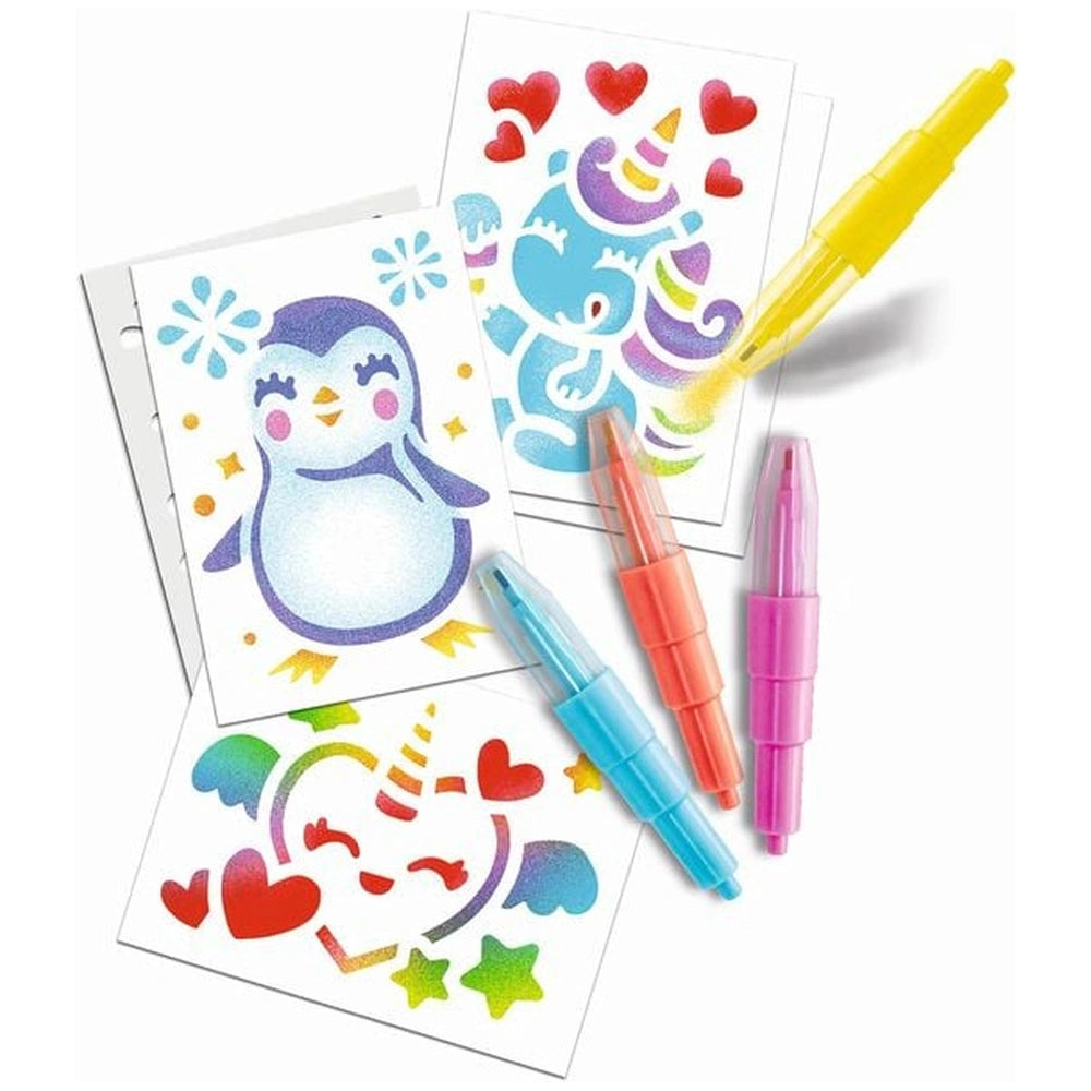 LANSAY Blopens Mini Kit features two colorful pens and two sheets of printed design paper with red hearts, penguins, and unic