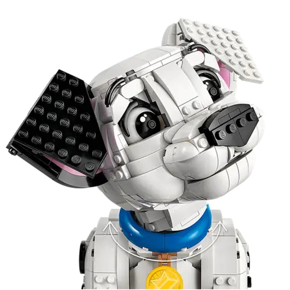 LEGO robot with a smiling face, black eyes, and a white body featuring black accents and a blue circular base.